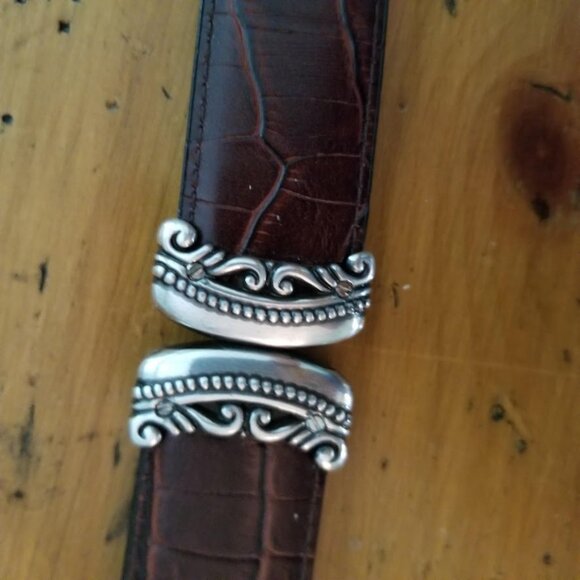 Reversible Women's Brown & Black Leather Belt, Scrollwork Buckle Mock Crock Boho - Picture 6 of 13